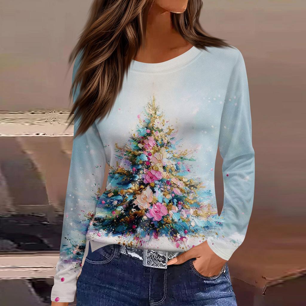 Женская мода повседневный топ с разрезом по низу и рождественским принтом с круглым вырезом и длинными рукавами