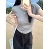 Korean Solid Color Round Neck Age-reducing Right Shoulder Waist Pleated Embroidered Summer Short-sleeved T-shirt Slimming Short Top