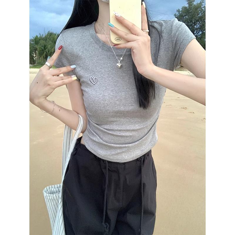 Korean Solid Color Round Neck Age-reducing Right Shoulder Waist Pleated Embroidered Summer Short-sleeved T-shirt Slimming Short Top
