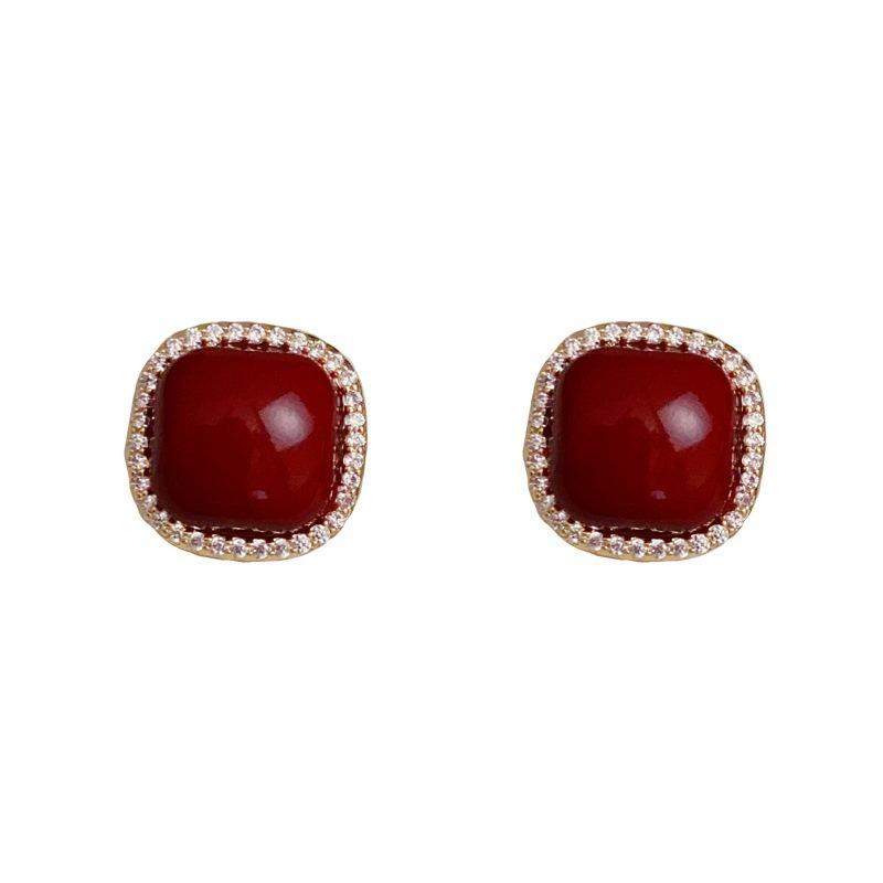 Delicate Square Red Zircon Pearl Stud Earrings Women Versatile Jewelry