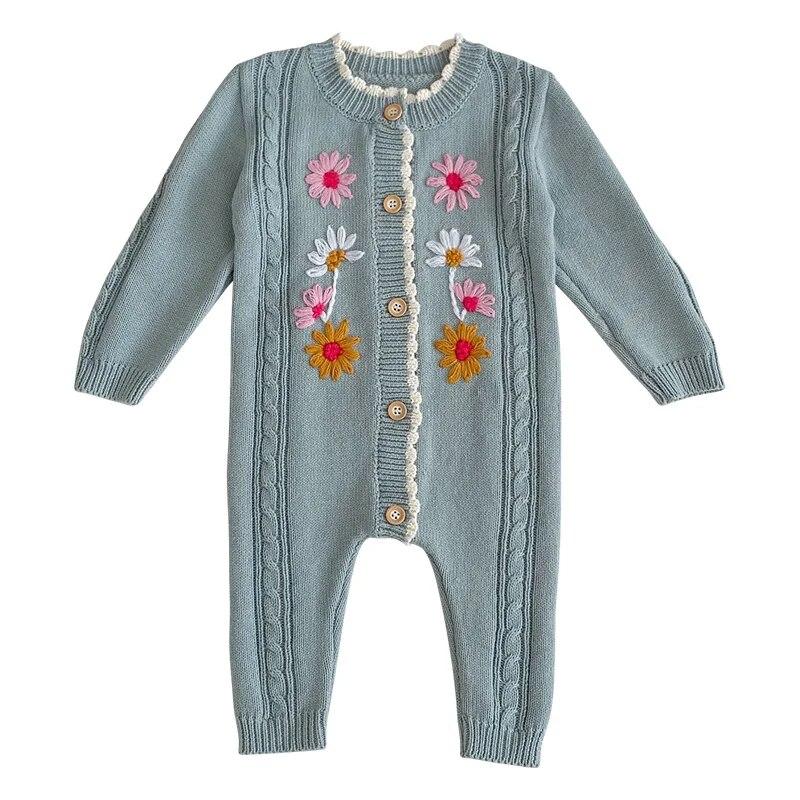 Детская хлопковая одежда, весенний вязаный детский комбинезон, милый комбинезон с цветочным принтом для девочек, винтажная вязаная одежда для новорожденных, комбинезон для новорожденных