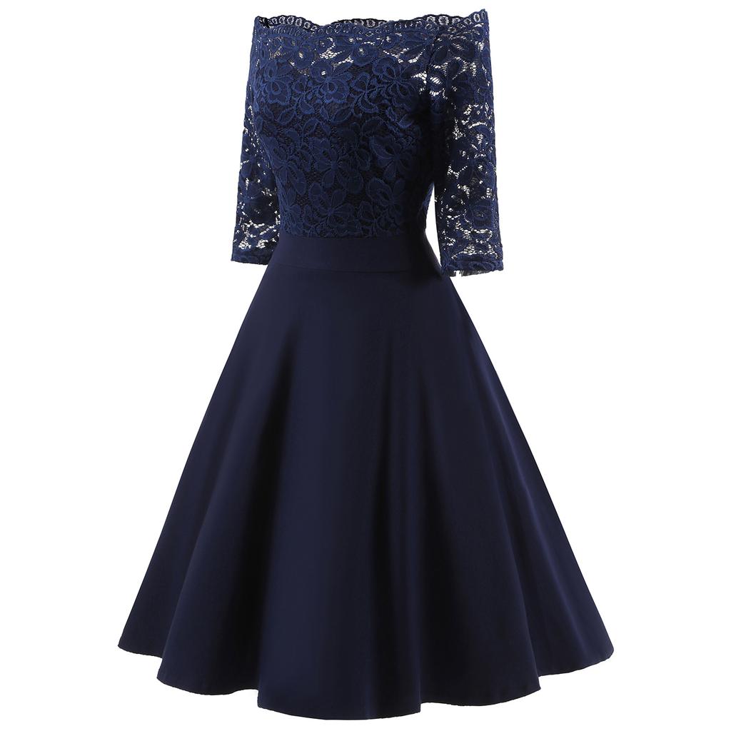 Women Vintage Swing Dress Floral Lace Bodice Off Shoulder Bardot Sheer 3/4 Sleeve Fit and Flare Cocktail Evening Party Going Out Wear Occasion Outfits