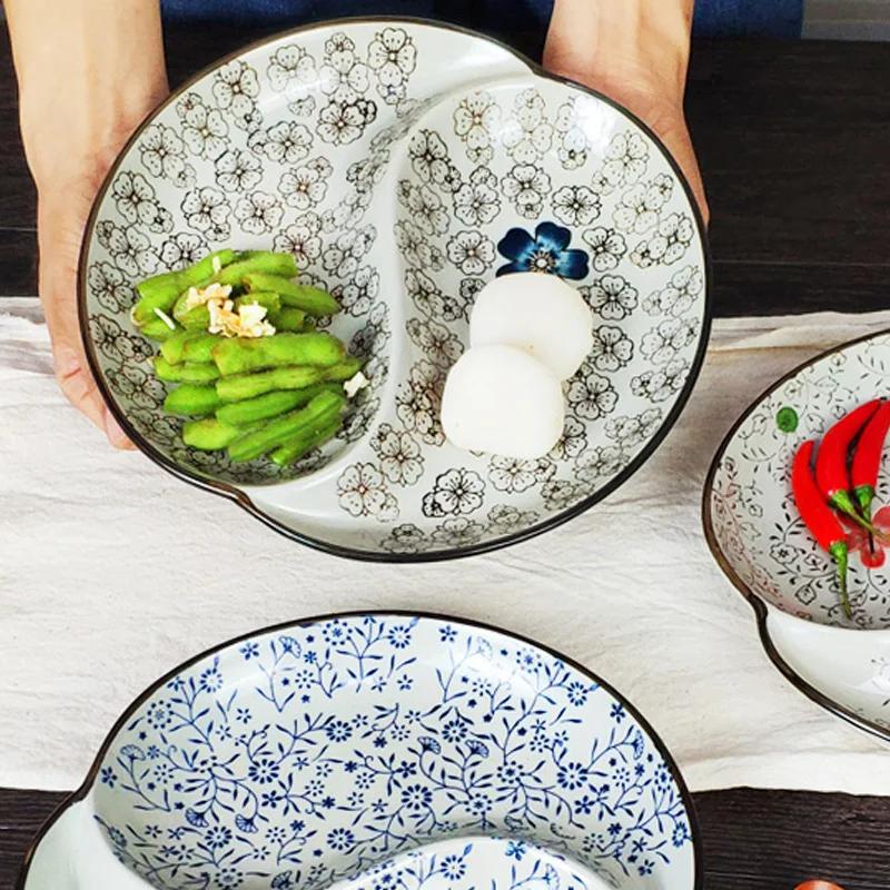 Разделительная тарелка в японском стиле, керамическая бытовая посуда для фруктовых салатов, многосекционная посуда для похудения, обеденная тарелка для быстрого питания, 1 шт.