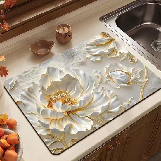 Yousheng Floral Dish Drying Mat Absorbent Kitchen Drying Mat Reusable Washable Dish Drying Pad Non-slip Dish Rack Mats for Kitchen Counter