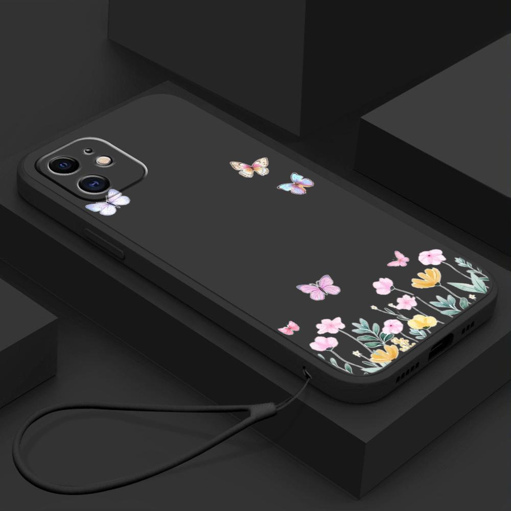 N86 Маленькая бабочка из свежего цветка с ремешком Силиконовые чехлы для телефонов с прямыми краями для Xiaomi Poco X5 Redmi Note 13 Pro Realme Huawei Противоударный чехол