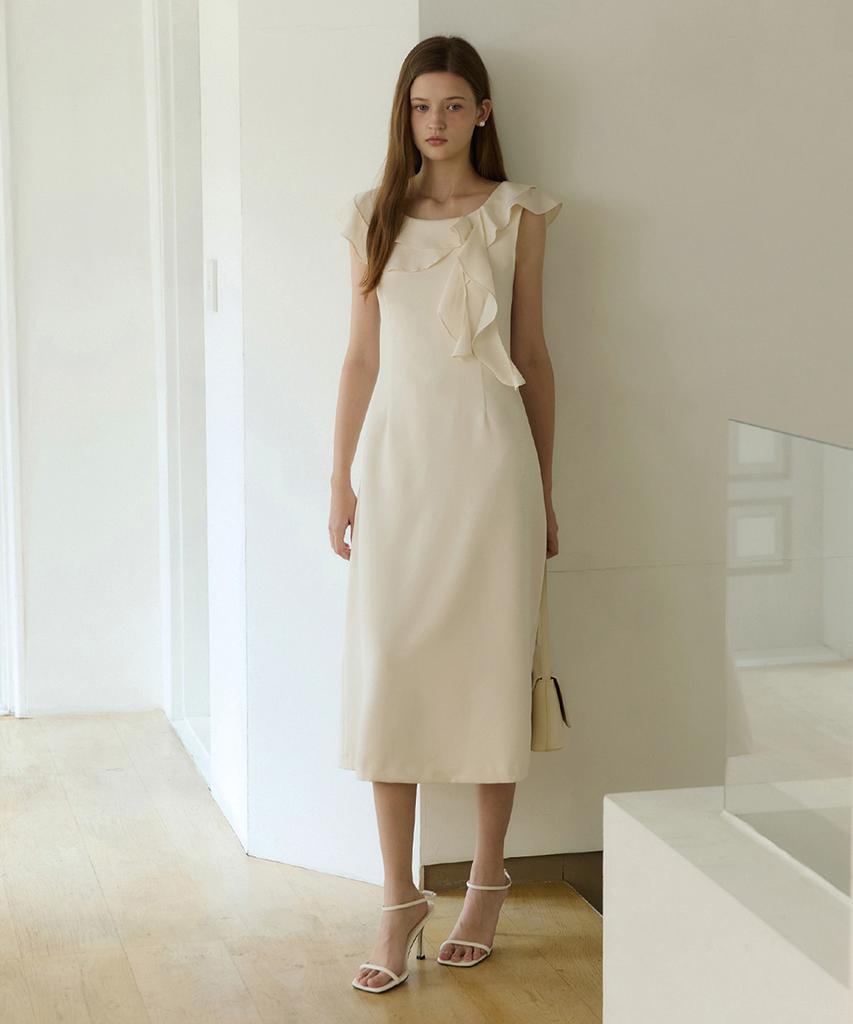 Adowl Wave Ruffle Line Long Dress - Ivory