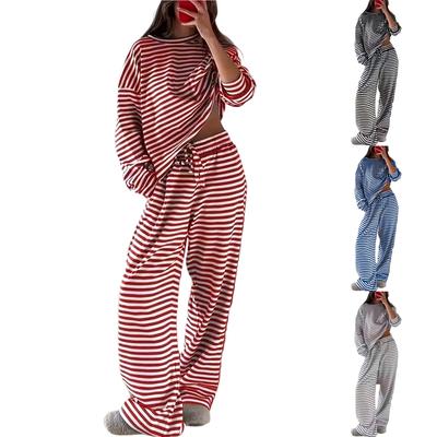 Женский полосатый топ с длинным рукавом и брюки с высокой талией, модный повседневный комплект
