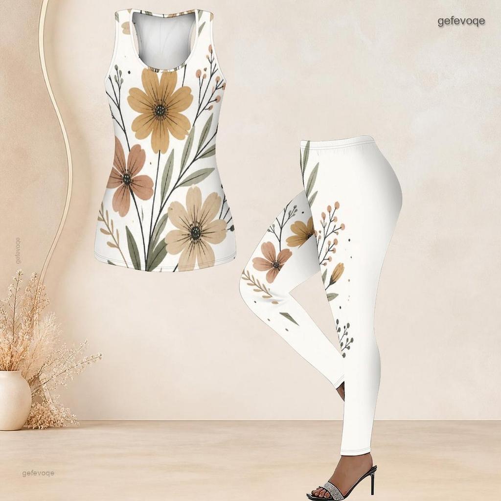 Women Plus Size Two Piece Set Scoop Neck Sleeveless Floral Printed Cream White Tank Top And Fitted Pants