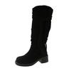 Fashion 2025 Autumn New Tassel Knight Boots Women Black Brown Thick Heeled Solid Mid-calf Boots Stacked Suede Slip On Botas Feminino