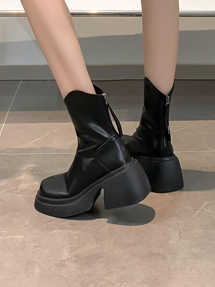 Французские узкие ботинки Женские Толстый каблук Толстая подошва Маленький человек Высокие Задняя молния Ботинки Мартина V-образный вырез Белые Средние Короткие ботинки