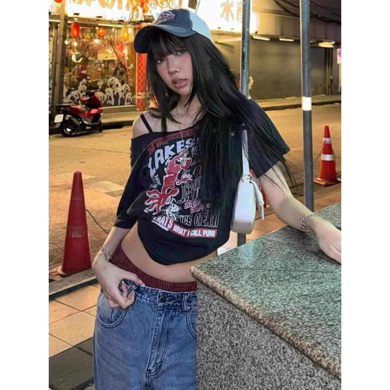 Y2k черные укороченные футболки с открытыми плечами, женские винтажные футболки с графикой в американском стиле, уличная одежда, гранж-эстетические топы с короткими рукавами