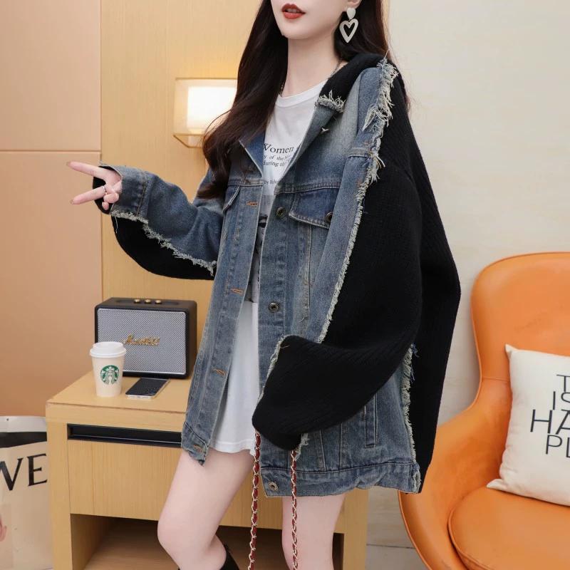 DIMANAF 2025 Зима Новая Куртка Женские Свитера Джинсовое Пальто Лоскутное Ватное Кардиган Вязание Карманы Свитер