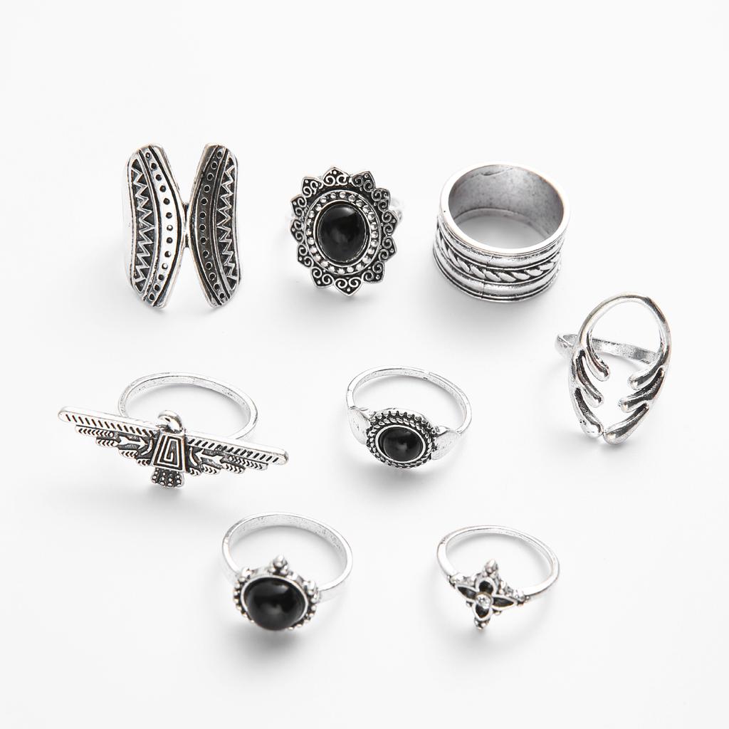 Новое кольцо, трендовое индивидуальное кольцо с черным драгоценным камнем, бабочкой, орлиным рогом и цветком, 8 комплектов