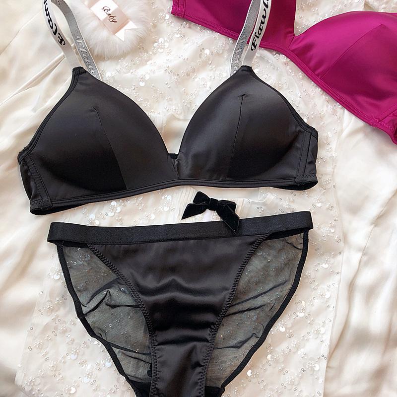 Комплект нижнего белья Ice Silk Comfort, женский сексуальный бюстгальтер Push Up с глубоким V-образным вырезом, регулируемый бюстгальтер с буквами и кружевными трусиками