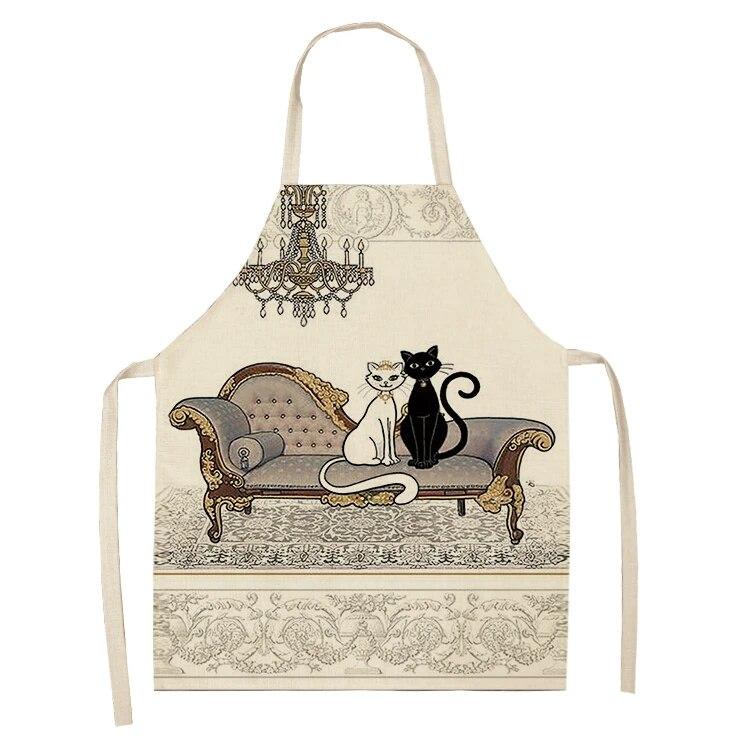 Home Kitchen Black and White Cat Letter Apron Women's Linen Cleaning Tool Apron Home Cooking Waist Baking Apron