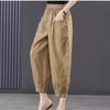 Летние повседневные хлопково-льняные брюки Женские свободные брюки-шаровары с ретро-карманами Женские однотонные брюки с эластичной резинкой на талии