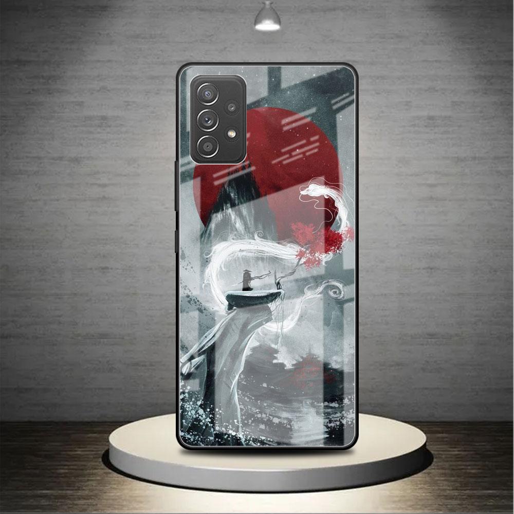 Стеклянный чехол для Samsung Galaxy A52 A71 A50 A51 A70 A21s A31 A72 A10 A12 A30 A22 5G, чехол для телефона с пейзажными чернилами, японское искусство самурая