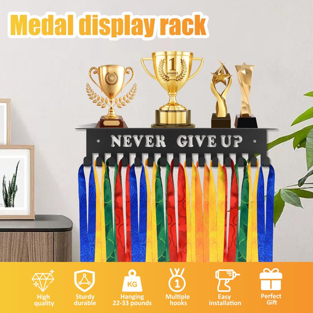 Medal Display Rack Wall-Mount Metal Sports Football Awards Display Shelf with Inspirational Words Anti-Rust Hanger Decorative