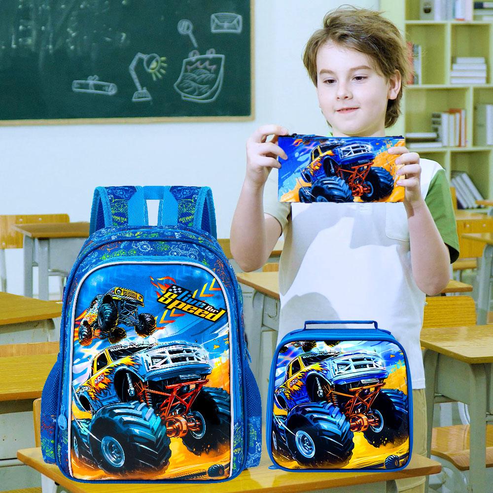 3PCS Car Backpack for Boys, 16" Kids Bookbag and Lunch Box, Preschool Backpacks for Elementary Students