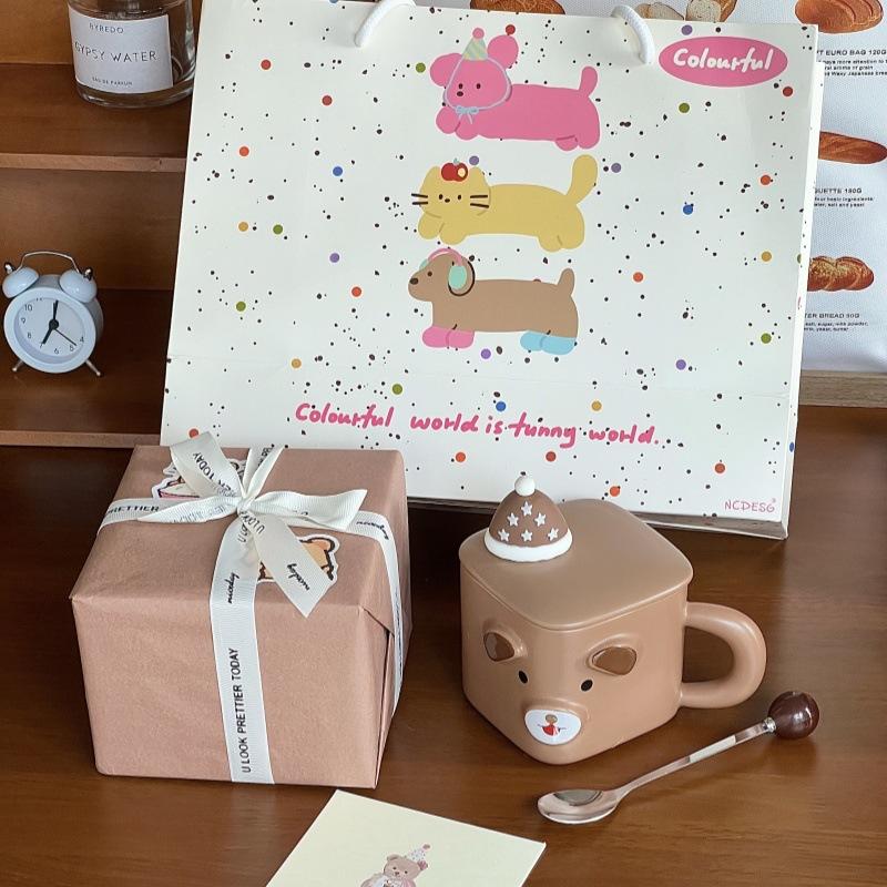 Birthday Gift for Girls, Bear with Lid Spoon, Ceramic Mug, Couple Coffee, Water Cup, Gift