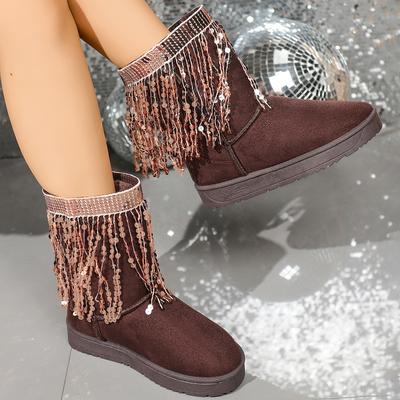 Модные ботинки-дутики с пайетками и кисточками для женщин Зимние слипоны средней высоты Женские теплые толстые плюшевые хлопковые ботинки
