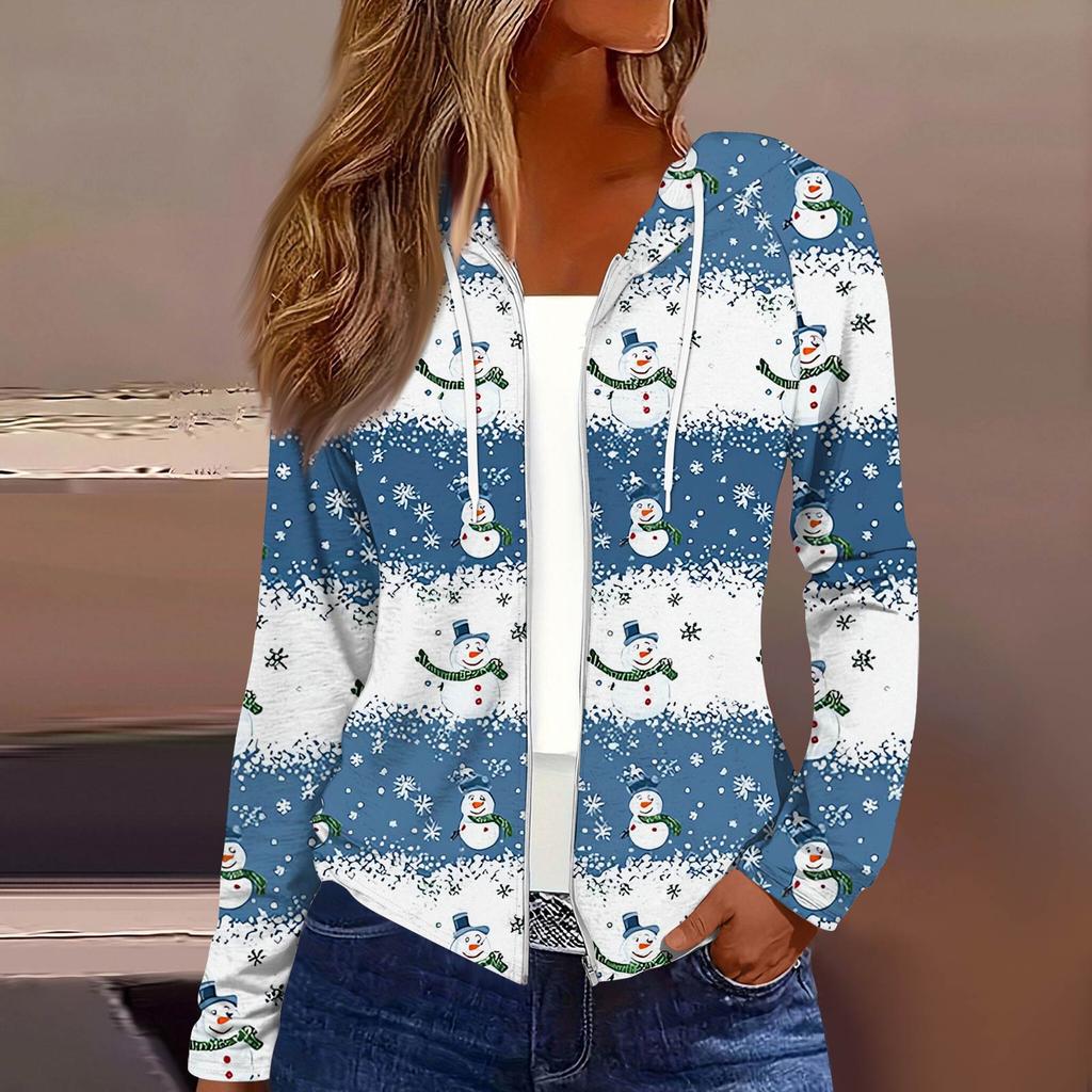 Women's Fashion Christmas Print Casual Zip-Up Long-Sleeved Hooded Jacket