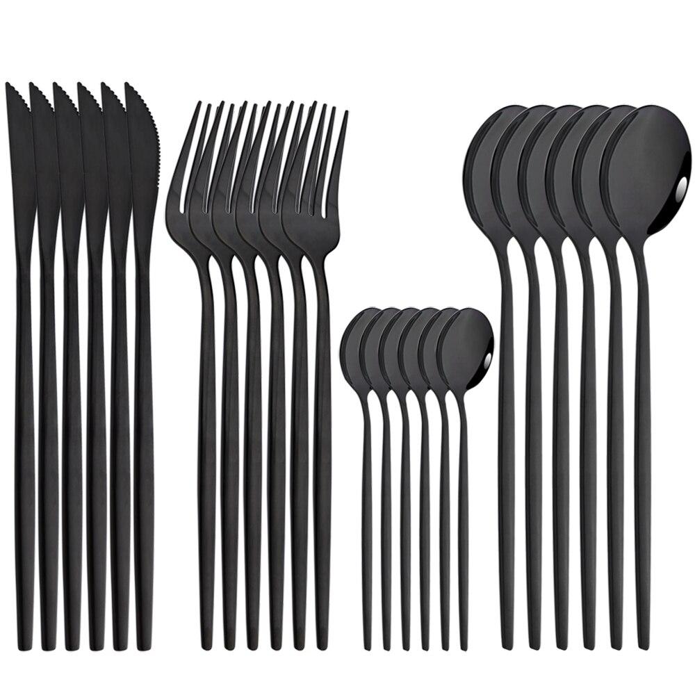 Mirror 24pcs Dinnerware Set Western Stainless Steel Cutlery Set Black Fork Spoon Silverware Set Knife Flatware Set Tableware Set