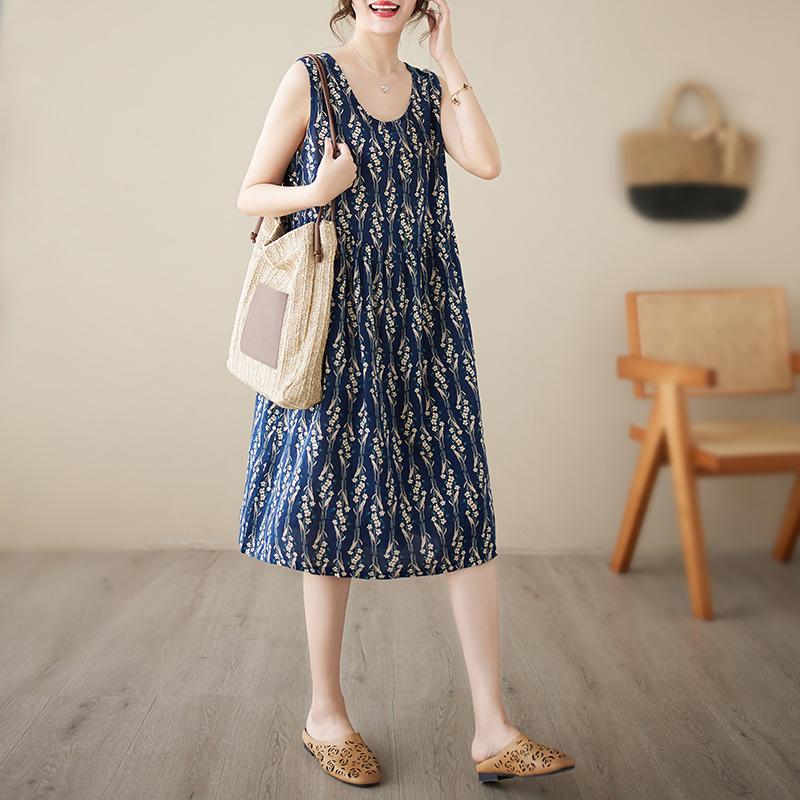 Летнее хлопковое льняное платье с круглым вырезом, свободное, утягивающее, средней длины, без рукавов, для женщин, платья