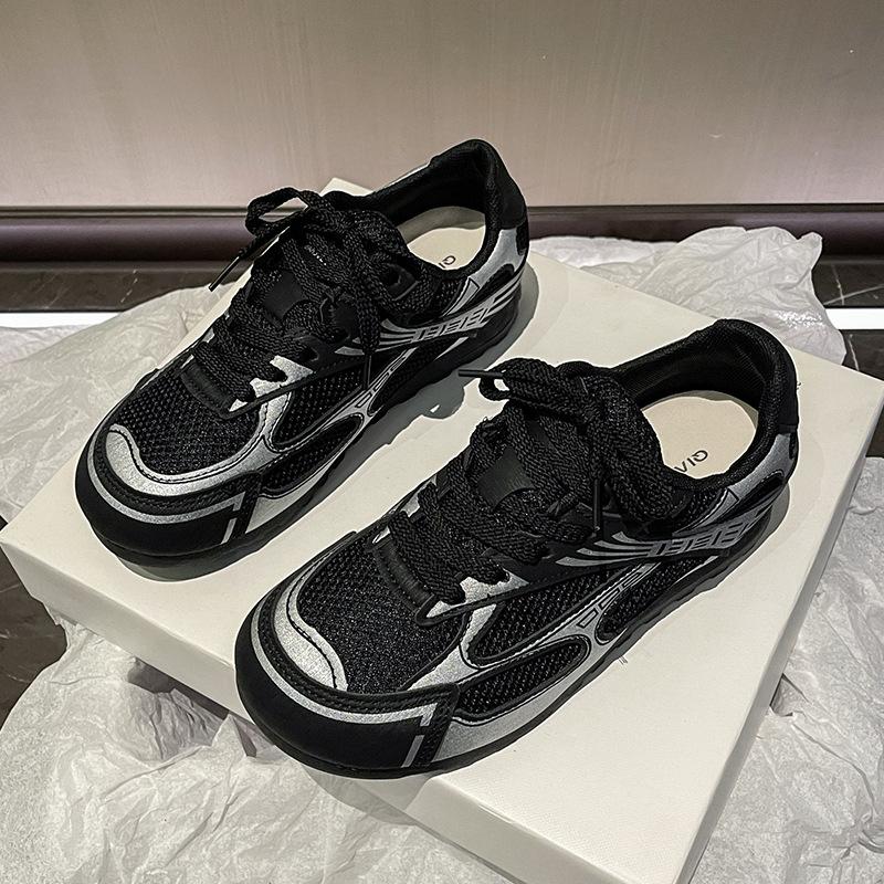 Кроссовки на толстой подошве сетка Forrest Gump женские 2025 осень новые серебристые немецкие тренировочные туфли круглый носок универсальные повседневные дышащие спортивные туфли