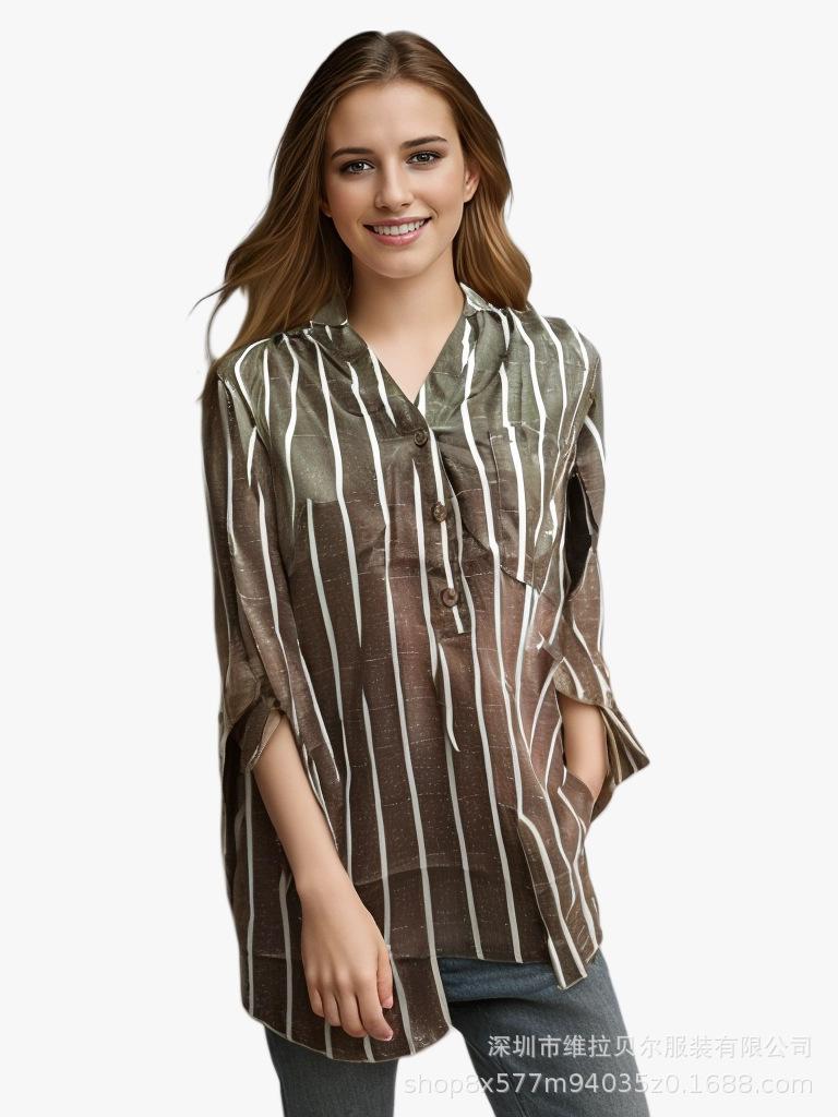 Простая и модная рубашка в полоску с принтом для женщин во внешней торговле, рубашка свободного кроя