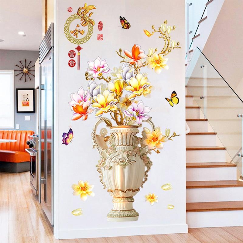 Chinese Style Classical Vase Flower Wall Sticker Rose Lotus Butterfly Decoration Decals Removable Wall Art Home Decor