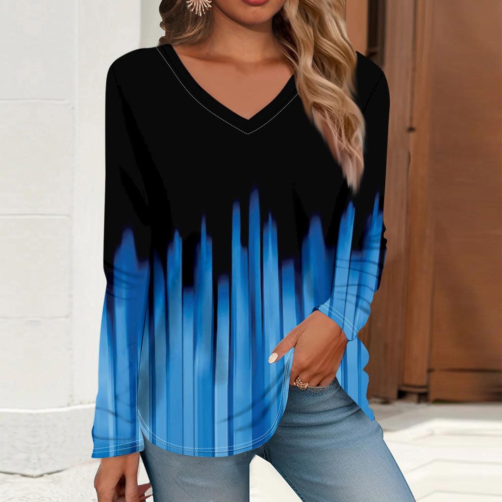 Women's T Shirt Retro Print Long Sleeve Daily Weekend Daily Basic V Neck Regular  Fall Winter Tops