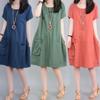 M-XXXL Summer Cotton and Linen Short Sleeved Knee-length Large Size Loose Casual Solid Color Dress