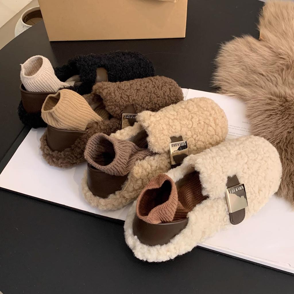 Обувь из овечьей шерсти женская зимняя 2024 новая корейская версия ретро плоские туфли-лодочки женские бархатные хлопковые туфли