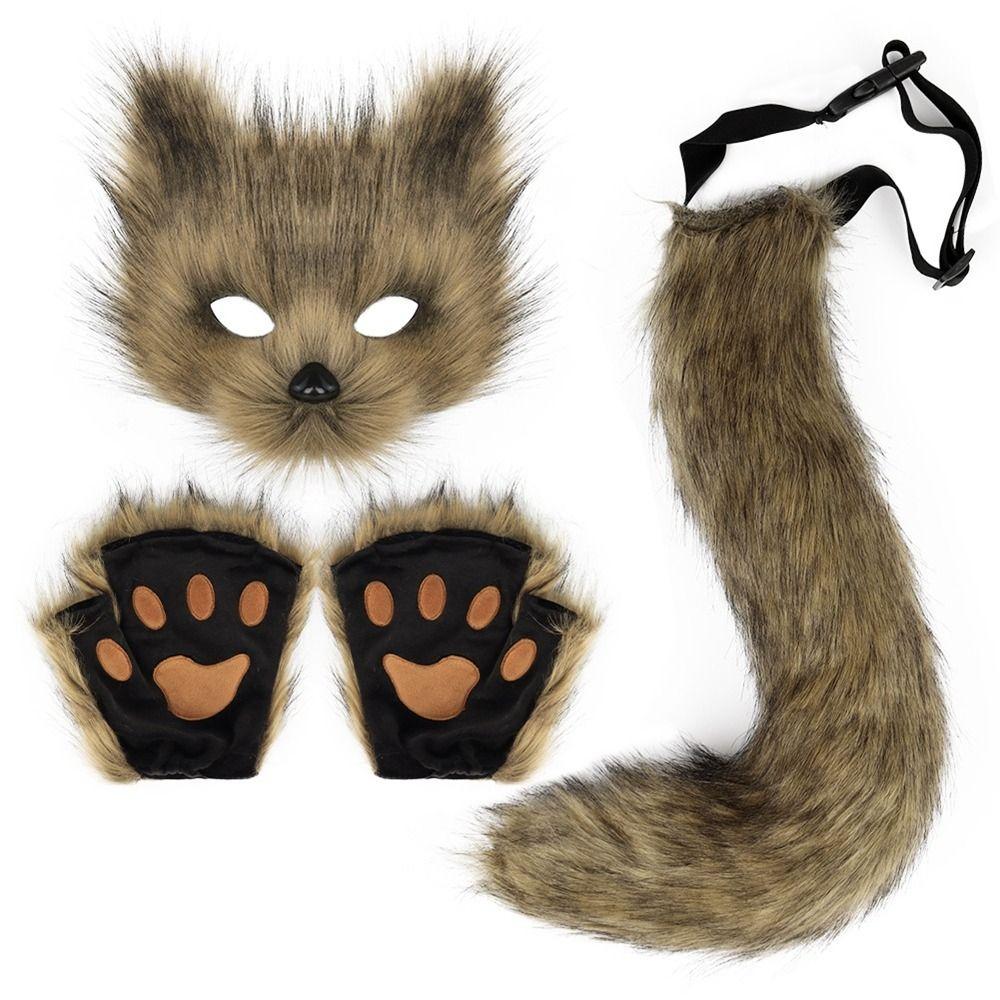 Novelty Simulation Fox Mask Gloves Dress Up Plush Animal Ears Mask Masquerade Party Tail Set Halloween Day