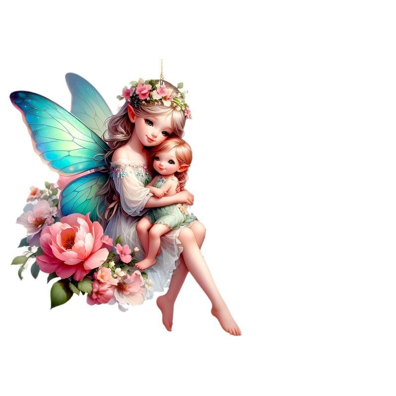 Розовый цветок ангел фея с крыльями эльф акриловый плоский 2D брелок подвеска зеркало заднего вида автомобиля листинг