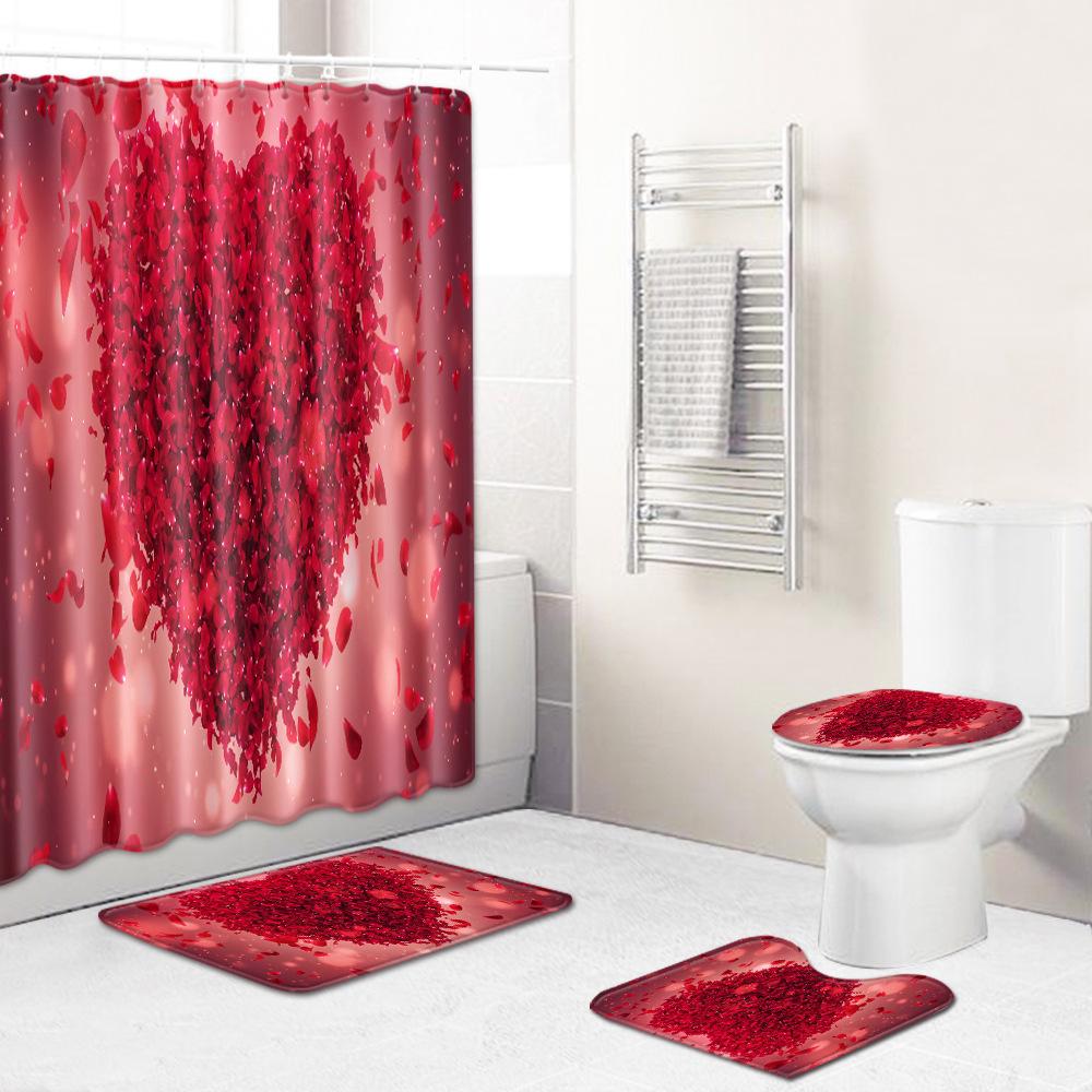 Love Valentine'S Day Shower Curtain Floor Mat Four-Piece Set Bathroom Non-Slip Door Mat Bedroom Carpet