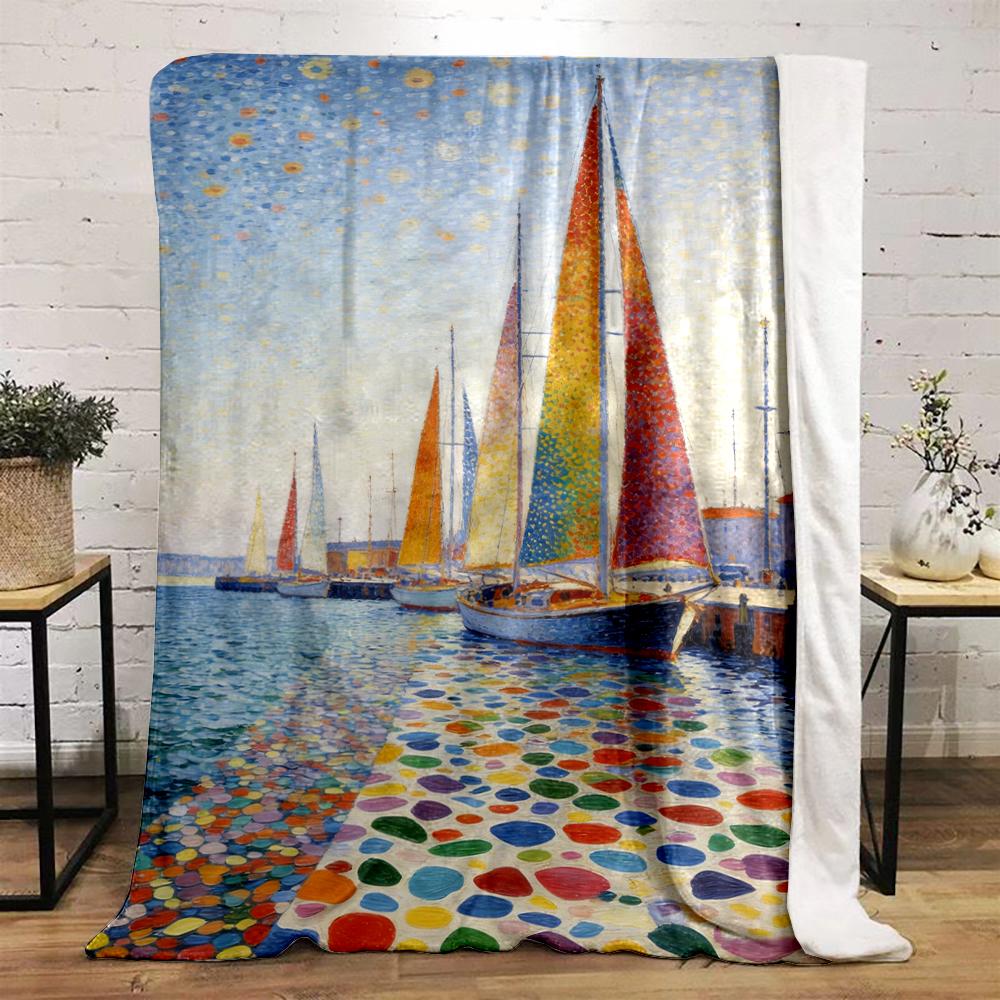 Colorful Sailboats on Dotted Water Scene Blanket Flannel blanket for bedroom, living room, sofa, and nap sofas