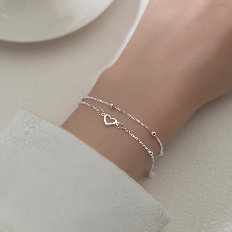 925 Sterling Silver Double Love Heart Hollow Round Beads Bracelet Female Fashion Romantic Jewelry Classic