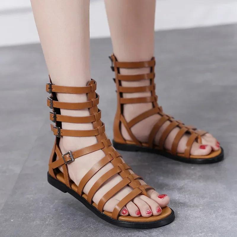 Черные удобные женские сандалии с застежкой-молнией сзади, летние сексуальные римские сапоги с открытым носком и узкой резинкой, классные плоские туфли