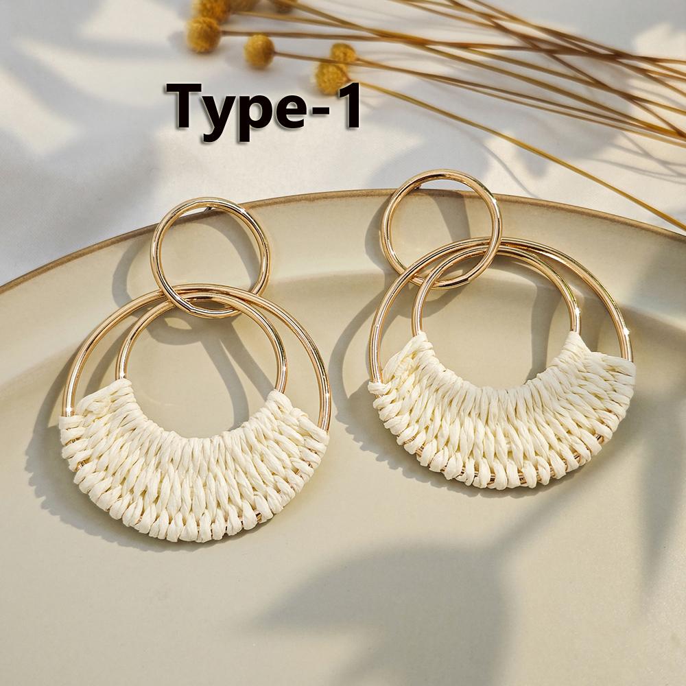 Bohemian Straw Hoop Earrings Natural Raffia Wicker Rattan Earrings for Women Summer Beach Party Festival Zircon