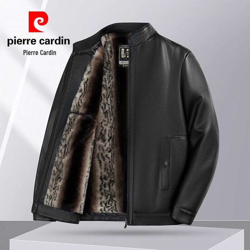 Мужская кожаная куртка Pierre Cardin 2025 с воротником-стойкой - Повседневная, Универсальная, Теплая, С подкладкой из бархата для мужчин среднего возраста