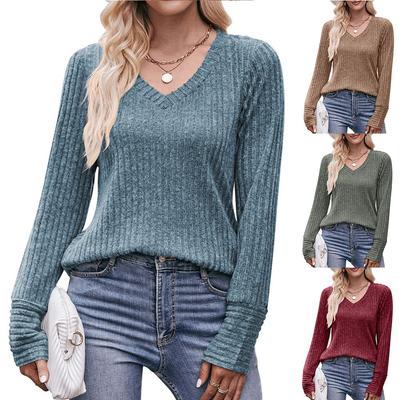 Женский однотонный свитер с длинным рукавом и V-образным вырезом, простая мода с элегантным темпераментным верхом, удобная футболка с начесом и полосками