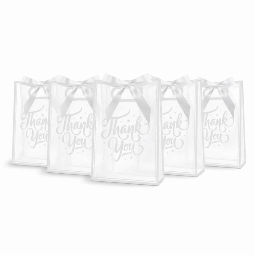 5Pcs Set Reusable Portable Favor Bag PVC Clear Gift Bag Die Cut Handles with Ribbon Flower Bag