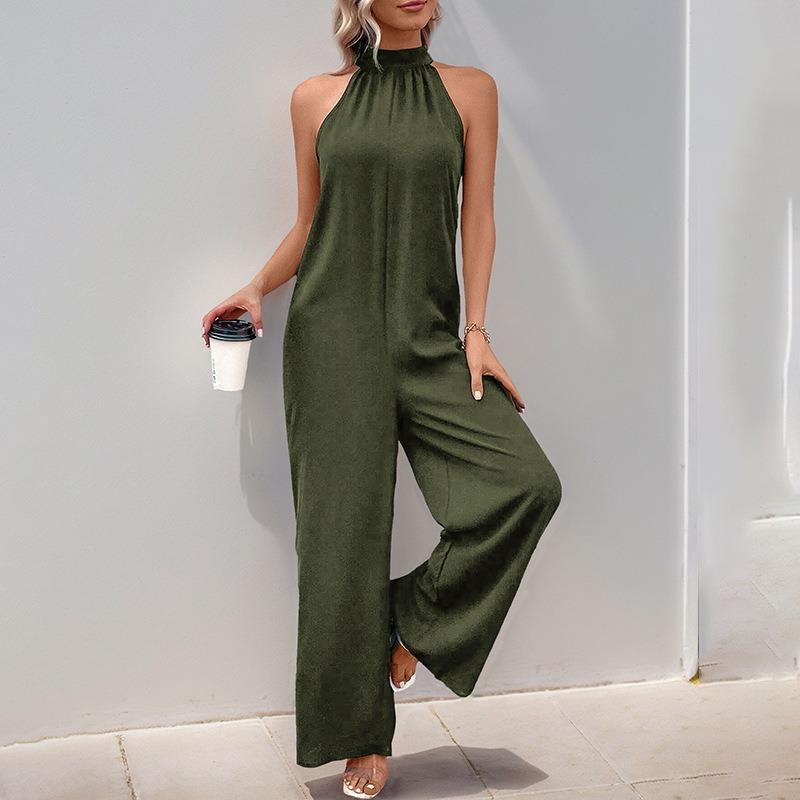 Women's New Party Casual Jumpsuit High Neck Hanging Neck Solid Colour Wide Leg Jumpsuit Trousers
