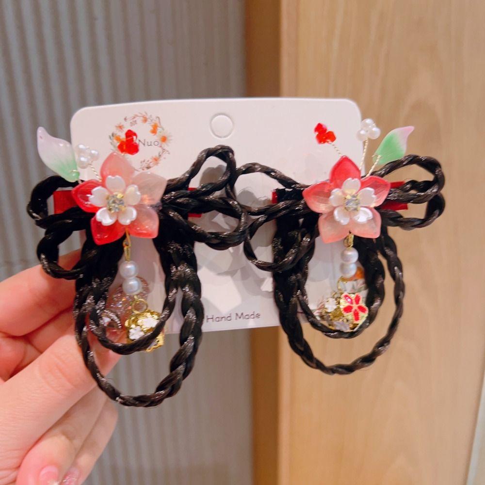 2pcs Flower Tassel Children Bow Hairpin Chinese Style Hanfu Side Clip Wig Braid Hairpin Girls