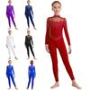Kids Girls Shiny Rhinestones Full Body Leotard Mock Neck Long Sleeve Sheer Mesh Patchwork Jumpsuit Figure Skating Dance Bodysuit