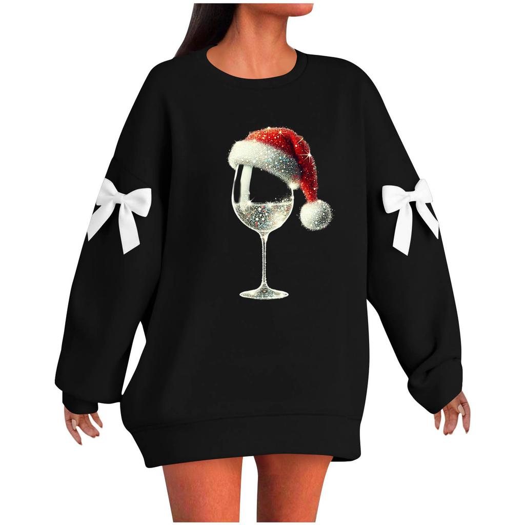 Ladies' Christmas Printed Bow Round Neck Long Sleeved Loose Pullover Sweater Sweatshirt Top