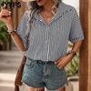 Женские модные повседневные летние весенние полосатые рубашки с короткими рукавами и воротником-поло с принтом, блузки и рубашки