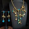 Medieval Vintage Ancient Copper Plated Real Gold Color Inlaid Necklace Earrings Set Heavy Industry Craft Jewelry Light Luxury